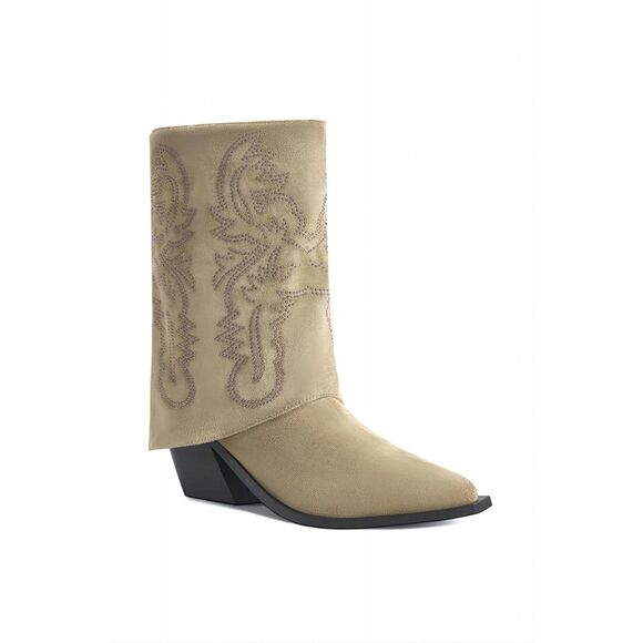 NIB AZALEA WANG Portabella Faux Suede Fold Over Western Booties in Tan Rose Gold - Picture 2 of 16